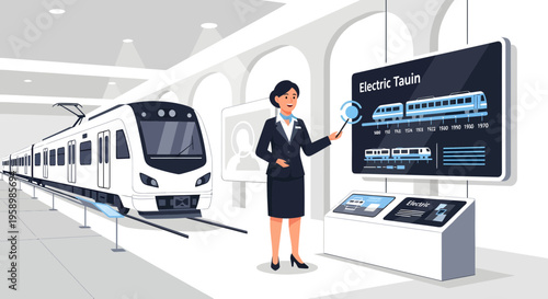 Woman presenting electric train technology on screen.