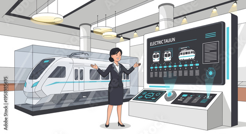 Woman presenting modern train technology at exhibition.