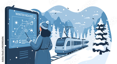 Woman Interacting With Winter Weather Information Display.