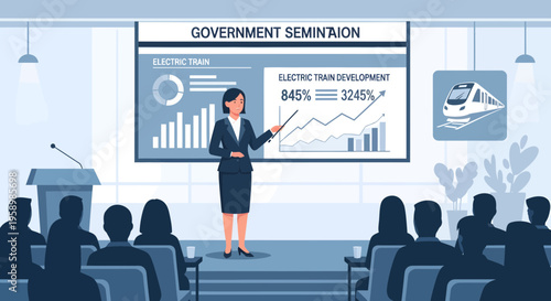 Woman presenting government seminar on electric train development.