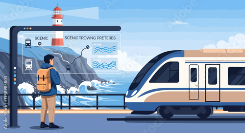 Young man with backpack at futuristic train station.