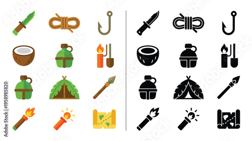 Collection of survival and adventure icons, presented in both colorful and silhouette styles, depicting essential gear for outdoor exploration and wilderness survival.