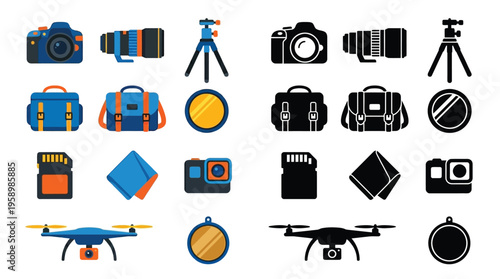 Collection of photography equipment icons, both in color and silhouette, including cameras, lenses, tripods, bags, memory cards, filters, and drones.