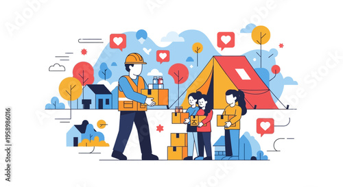 Volunteer delivering aid boxes to children near tent.