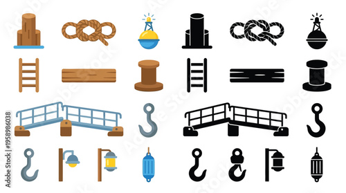 Collection of nautical and maritime icons, featuring docks, ropes, buoys, ladders, and lanterns in both color and silhouette styles.