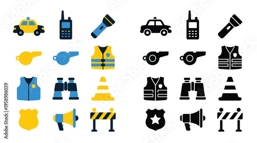Collection of police and security-related icons, presented in both color and black and white versions, featuring essential equipment and symbols.