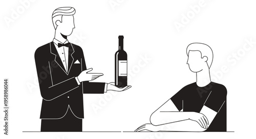Waiter presenting wine bottle to customer at table.