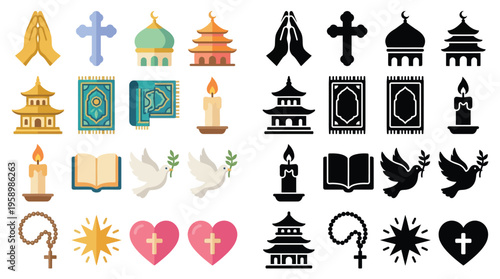 Collection of religious symbols and icons in both color and silhouette, representing various faiths and spiritual practices.