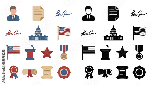 Collection of American political and governmental icons, including figures, documents, flags, buildings, and awards, presented in both color and silhouette.
