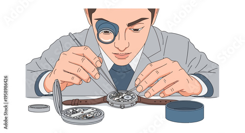 Watchmaker meticulously repairing a timepiece with precision tools.