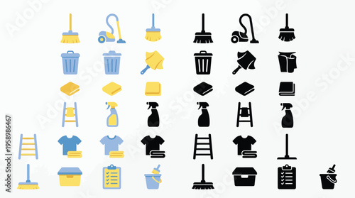 A comprehensive collection of cleaning supplies and tools, presented in both colorful and silhouette styles for diverse design applications.