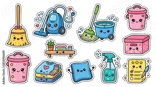 Collection of cute, kawaii-style cleaning supplies and tools, including a vacuum, mop, broom, spray bottle, and laundry items, all with adorable facial expressions.