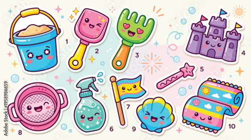 A collection of cute, kawaii-style beach toys and accessories, including a bucket, shovel, rake, castle, spray bottle, flag, shell, sieve, magic wand, and towels, all with happy faces.