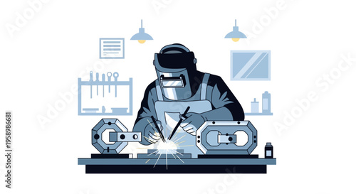 Welder working with protective gear in workshop.