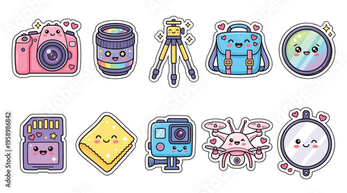A collection of cute, kawaii-style cartoon illustrations of photography and videography equipment, featuring cameras, lenses, drones, and accessories.