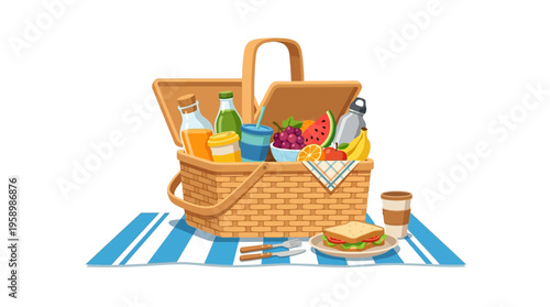 Wicker picnic basket filled with food and drinks.