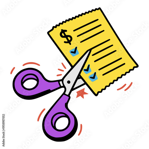 scissor cutting bill paper note flat color vector illustration template design