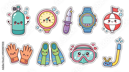 Cute Kawaii Scuba Diving Equipment Stickers: Oxygen Tank, Pressure Gauge, Knife, Watch, Buoy, Gloves, Fins, Mask, and Snorkel.