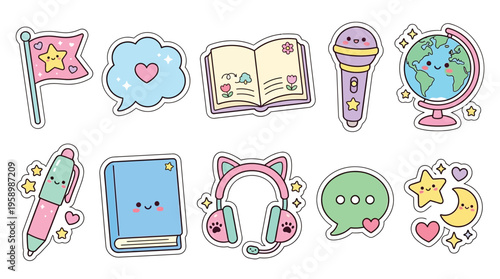 Collection of cute kawaii-style illustrations featuring school and learning supplies, a globe, and music-related items.