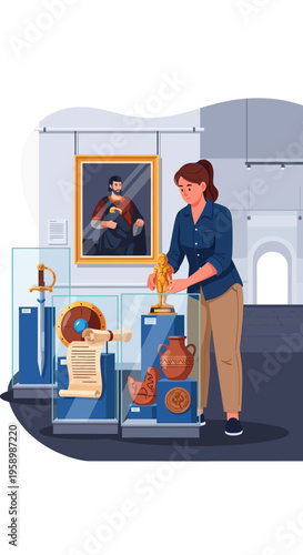 Woman admiring historical artifacts in a museum exhibit.