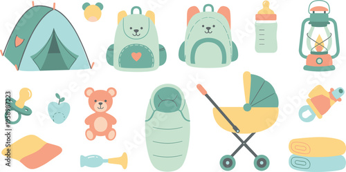 Baby camping and travel essentials set with tent stroller backpack and toys, cute family outdoor items flat vector illustration collection for kids design