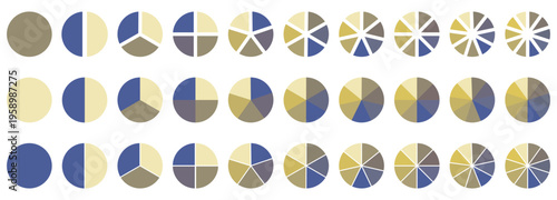 Circle pie chart. 1,2,3,4,5,6,7,8,9,10,11,12 sections or steps. Flat process cycle. Progress sectors.  Pie chart for data analysis, business presentation, UI, web design. Vector illustration.