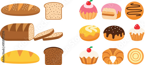 Bakery products set with bread loaves cakes muffins and pastries, sweet dessert and baked goods flat vector illustration collection for food design