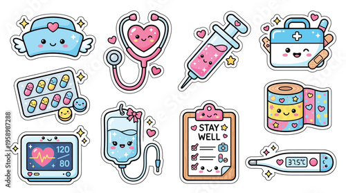 A collection of cute, kawaii-style medical icons featuring a nurse's cap, stethoscope, syringe, first aid kit, pills, IV bag, monitor, clipboard, bandages, and thermometer.