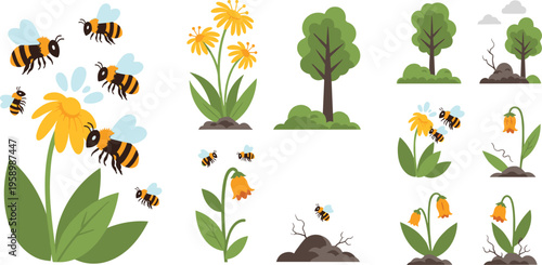 Bee pollination and plant growth set with flowers trees and insects, nature ecosystem process flat vector illustration collection for education design