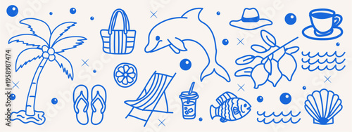 Summer vacation doodle set with palm tree, dolphin, beach bag, hat, lemon, flip flops, deck chair, drink, fish, and seashell