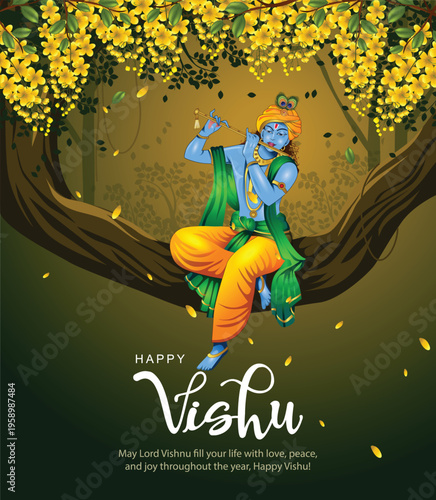 Happy Vishu greetings. April 14 Indian Kerala festival with Vishu Kani, vishu flower Fruits and vegetables in a bronze vessel. abstract vector illustration design