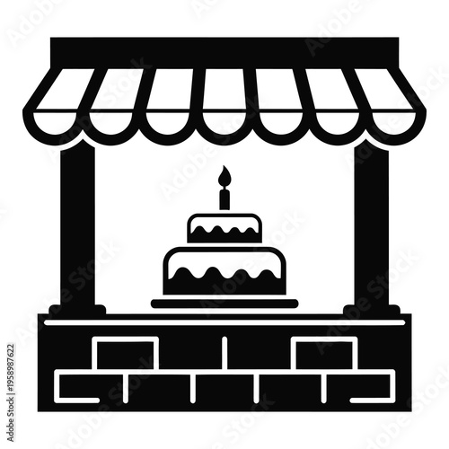 Black and white illustration of cake shop with awning and single lit candle on cake icon