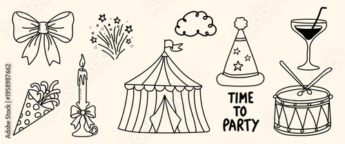 Set of hand drawn party elements including circus tent, fireworks, drum, candle and bow