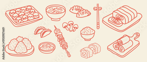 Hand drawn japanese food set, including sushi, takoyaki, ramen, gyoza, and yakitori