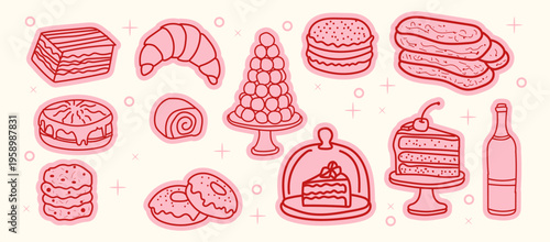 Set of hand drawn doodle desserts, sweets, pastries and cakes vector illustration