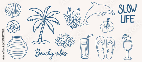 Set of hand drawn beach elements including palm tree, dolphin, seashell, flip flops and tropical drink