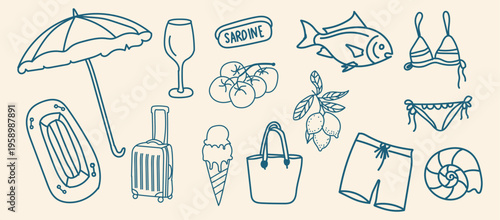 Set of summer vacation hand drawn icons, beach accessories and food elements