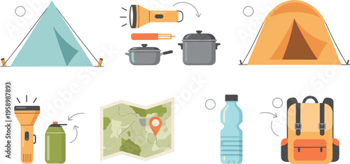 Camping essentials icons set with tent flashlight backpack and cooking gear, outdoor adventure equipment flat vector illustration collection for travel design