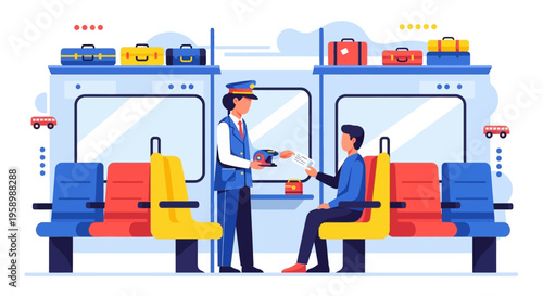 Train conductor checking ticket of passenger inside carriage.