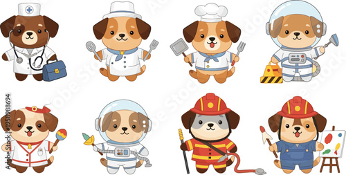 Cute dog professions set with doctor chef firefighter astronaut and artist, cartoon puppy characters flat vector illustration collection for kids design