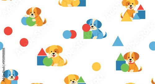 Cute dog seamless pattern with puppies and geometric shapes, playful cartoon pet background flat vector illustration for textile and wrapping design