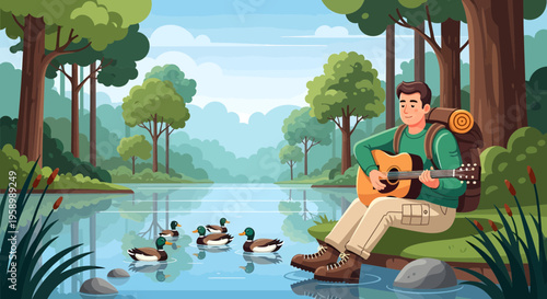 Man playing guitar by lake with ducks.