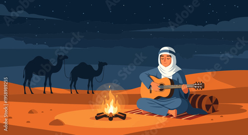 Man Playing Guitar by Campfire in Desert.