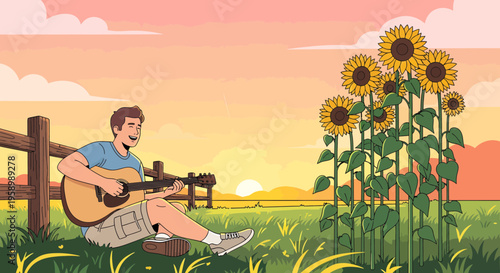 Man playing guitar in a field of sunflowers.