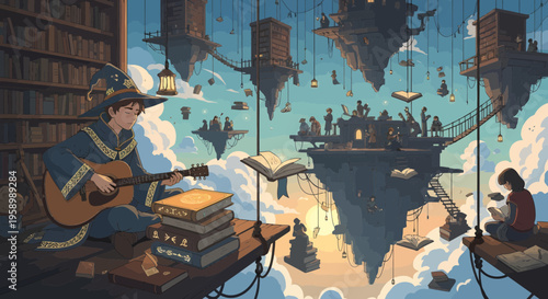 Man playing guitar in a fantastical library.