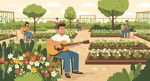 Man playing guitar in a garden setting.