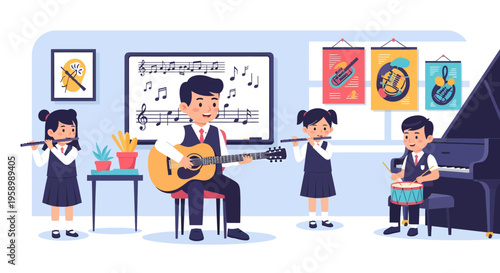Music teacher playing guitar with children learning instruments.