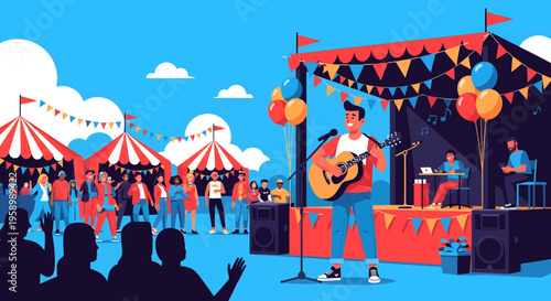 Musician performs on stage at outdoor festival event.