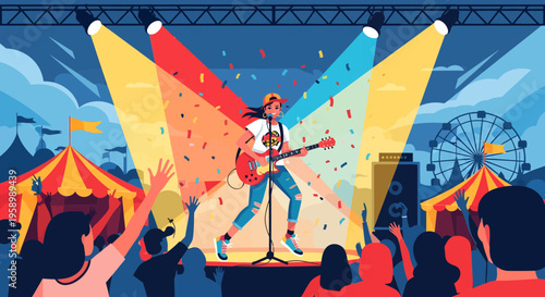 Musician performs on stage with guitar and audience.