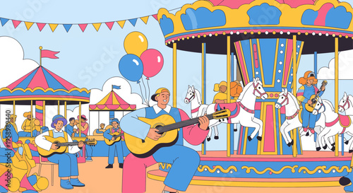 Musician Playing Guitar at Amusement Park Carousel.